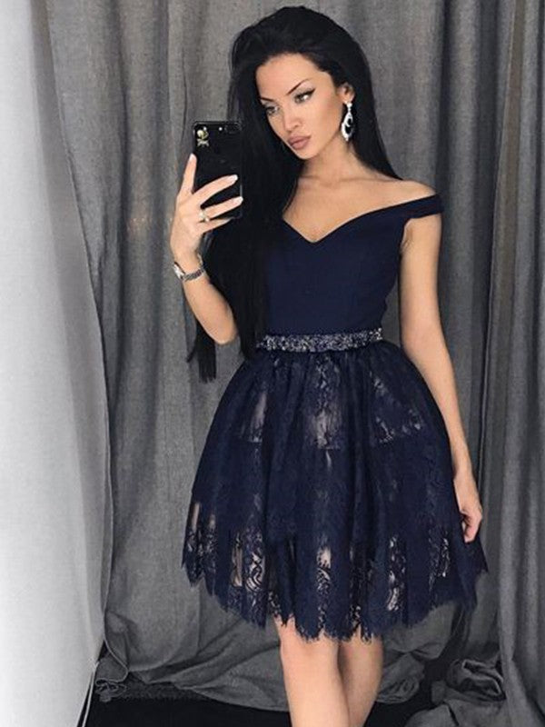 Wholesale A-Line/Princess Sleeveless Satin Lace Off-the-Shoulder Beading Short/Mini Dresses